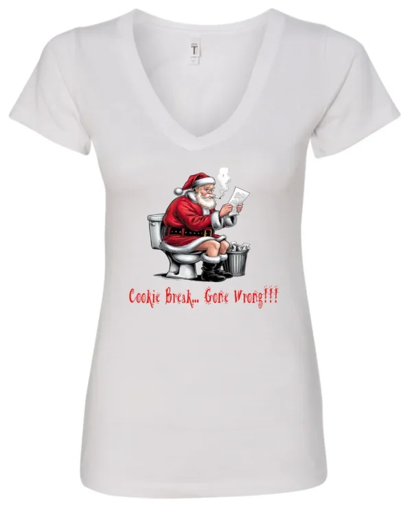 white Christmas humor v-neck t-shirt featuring santa claus sitting on the toilet, reading the newspaper and smoking a cigarette, and it says cookie break gone wrong