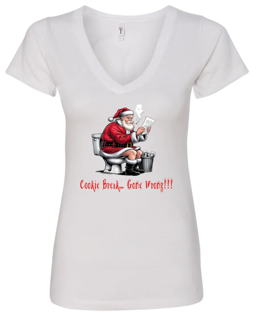 white Christmas humor v-neck t-shirt featuring santa claus sitting on the toilet, reading the newspaper and smoking a cigarette, and it says cookie break gone wrong
