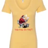 yellow Christmas humor v-neck t-shirt featuring santa claus sitting on the toilet, reading the newspaper and smoking a cigarette, and it says cookie break gone wrong