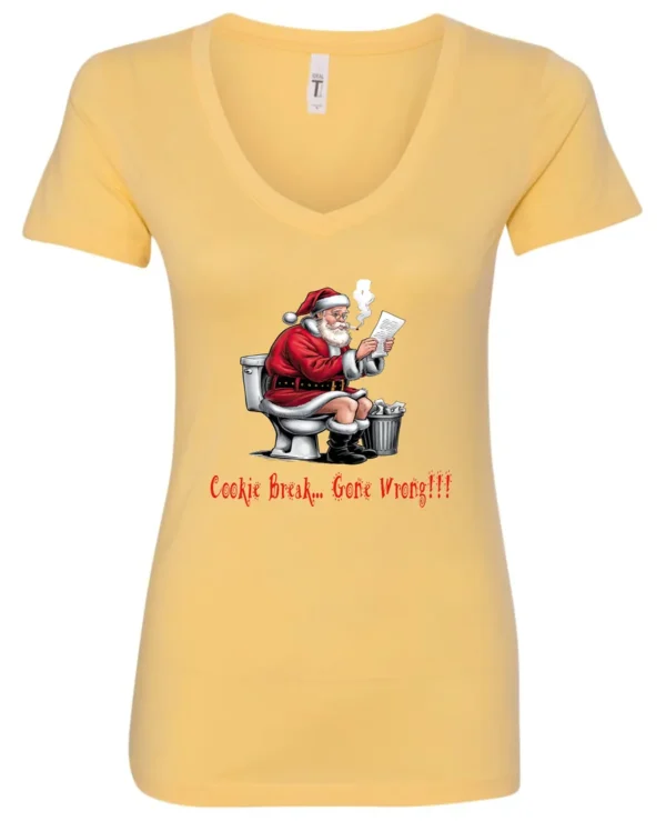 yellow Christmas humor v-neck t-shirt featuring santa claus sitting on the toilet, reading the newspaper and smoking a cigarette, and it says cookie break gone wrong