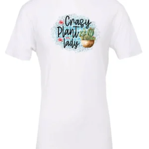 white plant mom t-shirt with a pot of cactus and it says crazy plant lady