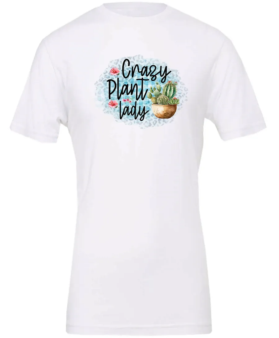 white plant mom t-shirt with a pot of cactus and it says crazy plant lady