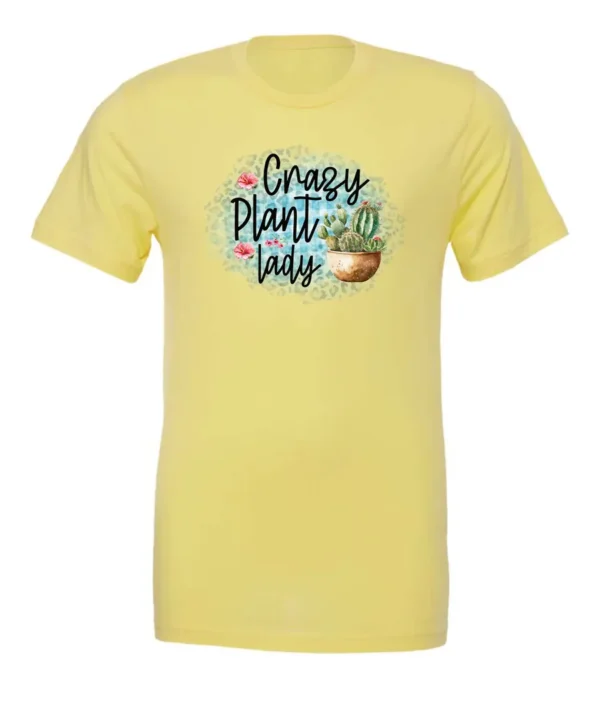 yellow plant mom t-shirt with a pot of cactus and it says crazy plant lady