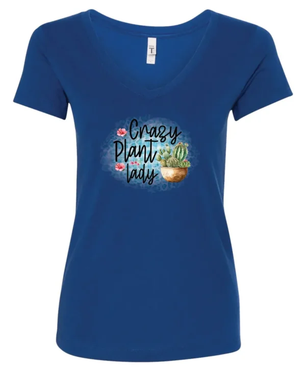blue plant mom v-neck t-shirt with a pot of cactus and it says crazy plant lady