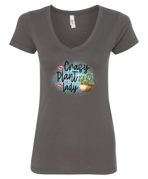 gray plant mom v-neck t-shirt with a pot of cactus and it says crazy plant lady
