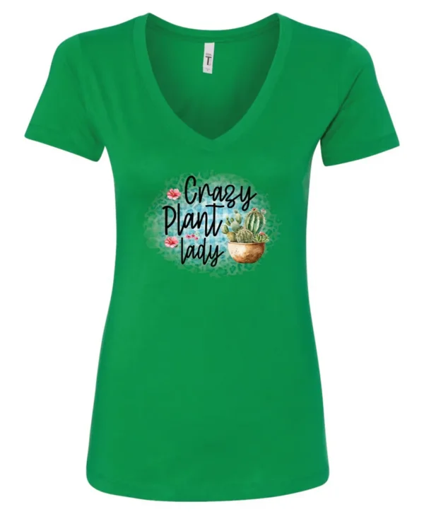 green plant mom v-neck t-shirt with a pot of cactus and it says crazy plant lady