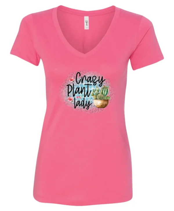 pink plant mom v-neck t-shirt with a pot of cactus and it says crazy plant lady