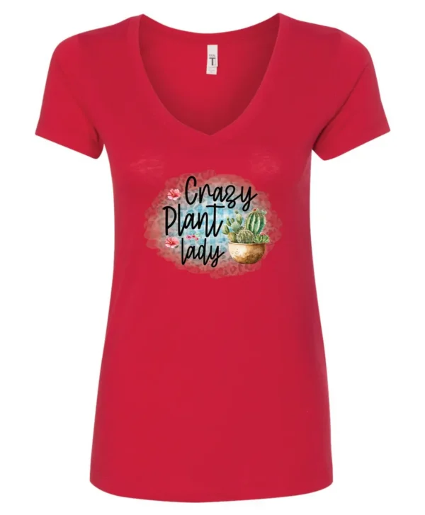red plant mom v-neck t-shirt with a pot of cactus and it says crazy plant lady