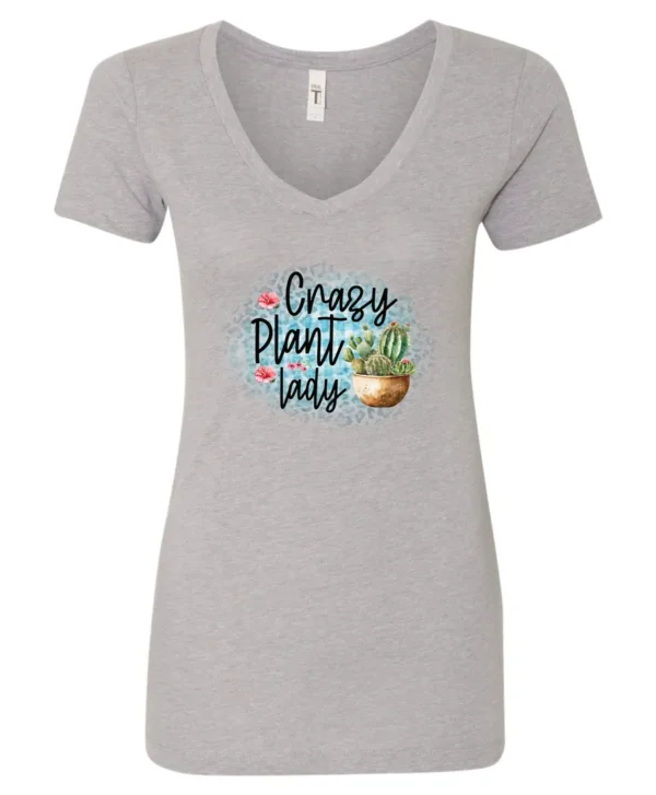 silver plant mom v-neck t-shirt with a pot of cactus and it says crazy plant lady