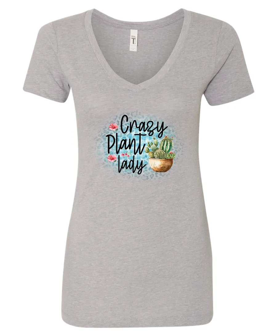 silver plant mom v-neck t-shirt with a pot of cactus and it says crazy plant lady