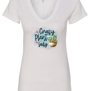white plant mom v-neck t-shirt with a pot of cactus and it says crazy plant lady