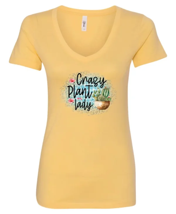 yellow plant mom v-neck t-shirt with a pot of cactus and it says crazy plant lady