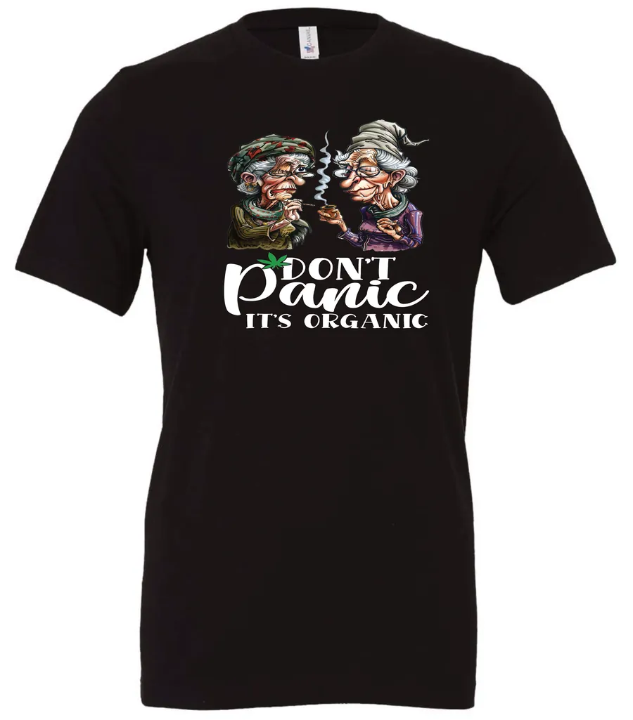 black weed t-shirt featuring two very old women smoking marijuana that says don't panic, It's Organic