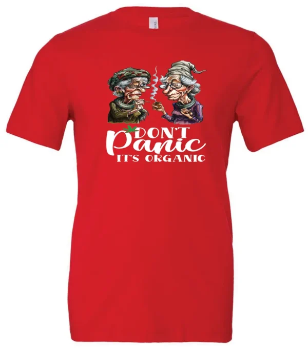 red weed t-shirt featuring two very old women smoking marijuana that says don't panic, It's Organic