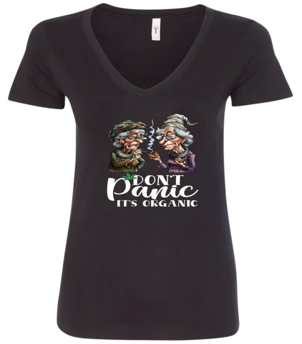 black weed v-neck t-shirt featuring two very old women smoking marijuana that says don't panic, It's Organic