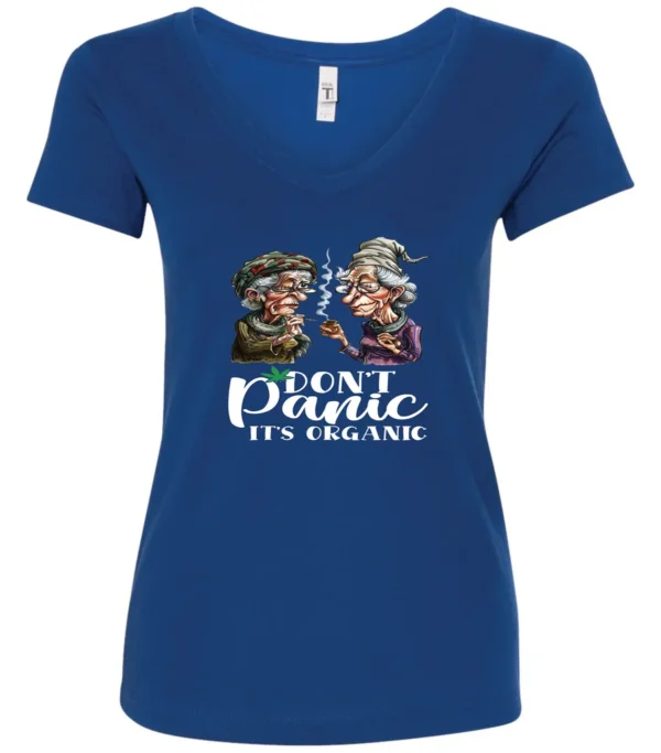 blue weed v-neck t-shirt featuring two very old women smoking marijuana that says don't panic, It's Organic