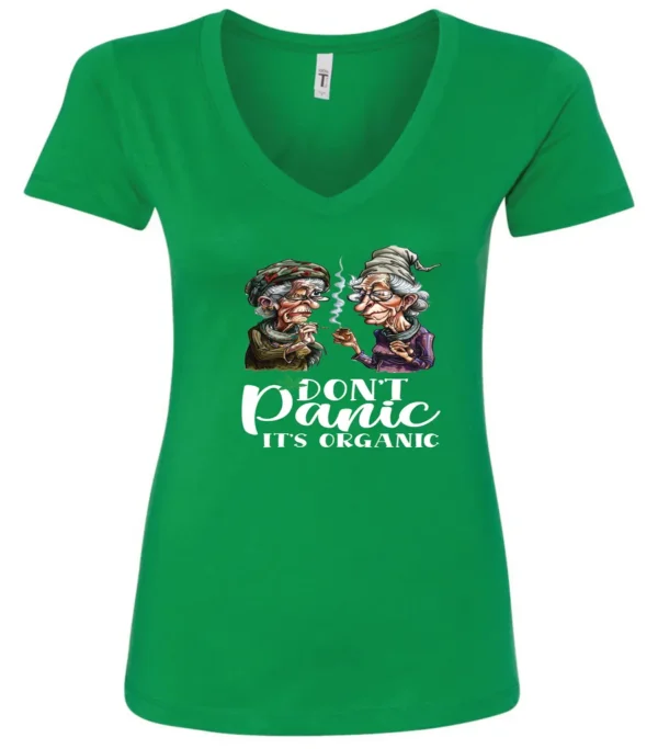 green weed v-neck t-shirt featuring two very old women smoking marijuana that says don't panic, It's Organic
