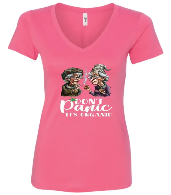 pink weed v-neck t-shirt featuring two very old women smoking marijuana that says don't panic, It's Organic