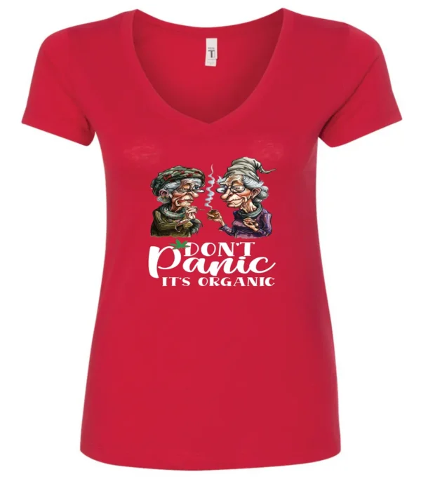 red weed v-neck t-shirt featuring two very old women smoking marijuana that says don't panic, It's Organic