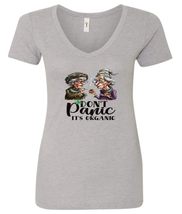 silver weed v-neck t-shirt featuring two very old women smoking marijuana that says don't panic, It's Organic