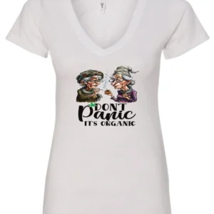 white weed v-neck t-shirt featuring two very old women smoking marijuana that says don't panic, It's Organic