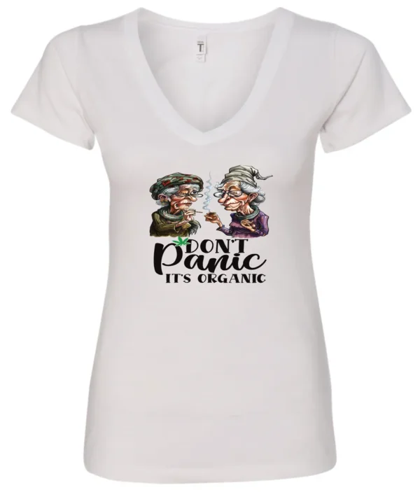 white weed v-neck t-shirt featuring two very old women smoking marijuana that says don't panic, It's Organic