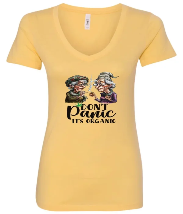 yellow weed v-neck t-shirt featuring two very old women smoking marijuana that says don't panic, It's Organic
