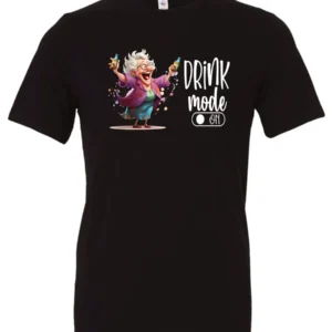 black funny beer t-shirt featuring a grandma with glasses holding a beer in each hand and it says drink mode on