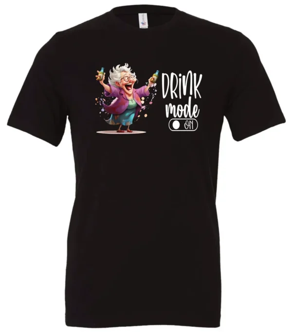 black funny beer t-shirt featuring a grandma with glasses holding a beer in each hand and it says drink mode on