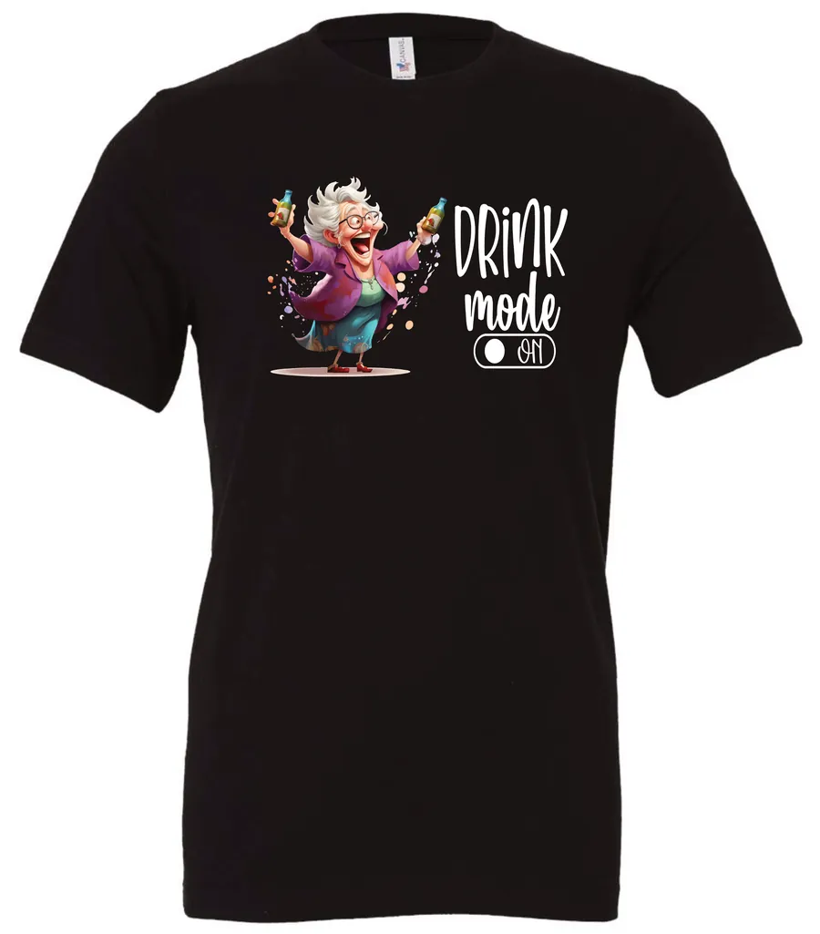 black funny beer t-shirt featuring a grandma with glasses holding a beer in each hand and it says drink mode on