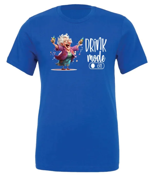 blue funny beer t-shirt featuring a grandma with glasses holding a beer in each hand and it says drink mode on