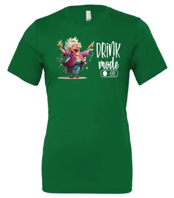 green funny beer t-shirt featuring a grandma with glasses holding a beer in each hand and it says drink mode on