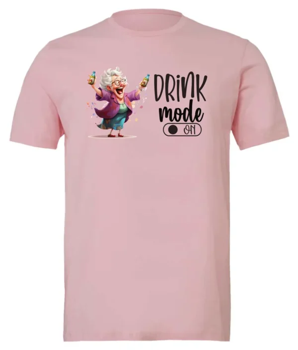 pink funny beer t-shirt featuring a grandma with glasses holding a beer in each hand and it says drink mode on