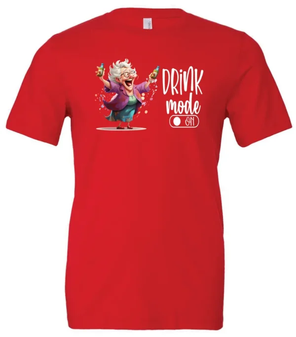 red funny beer t-shirt featuring a grandma with glasses holding a beer in each hand and it says drink mode on