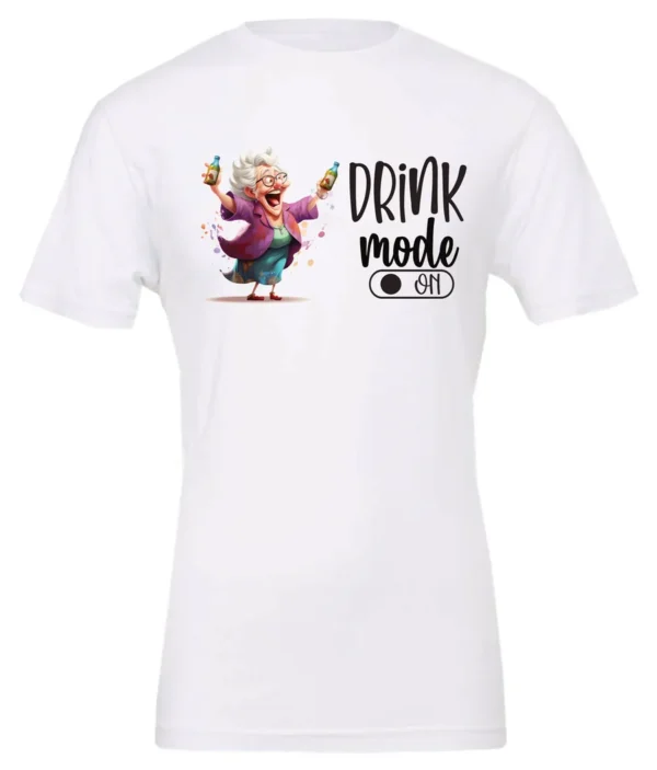 white funny beer t-shirt featuring a grandma with glasses holding a beer in each hand and it says drink mode on