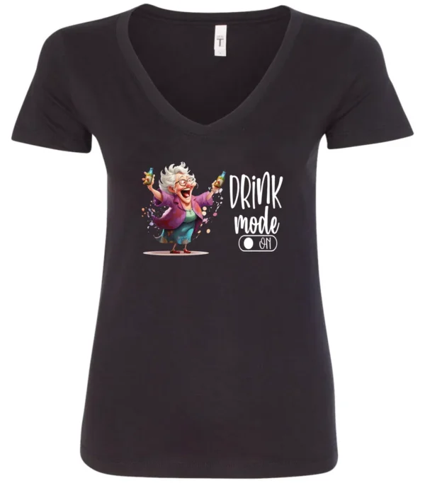 black funny beer v-neck t-shirt featuring a grandma with glasses holding a beer in each hand and it says drink mode on