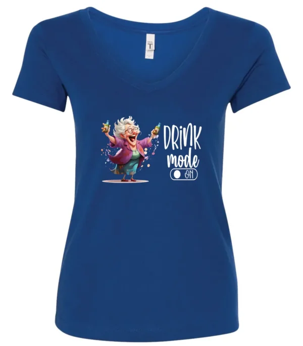 blue funny beer v-neck t-shirt featuring a grandma with glasses holding a beer in each hand and it says drink mode on