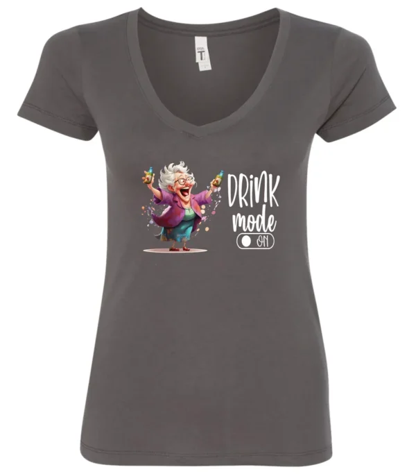 gray funny beer v-neck t-shirt featuring a grandma with glasses holding a beer in each hand and it says drink mode on