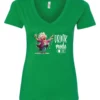 green funny beer v-neck t-shirt featuring a grandma with glasses holding a beer in each hand and it says drink mode on