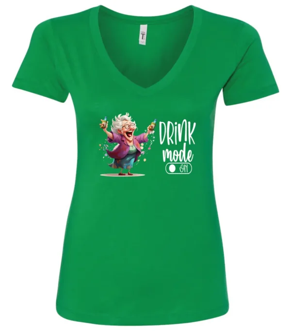green funny beer v-neck t-shirt featuring a grandma with glasses holding a beer in each hand and it says drink mode on