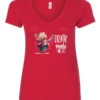 red funny beer v-neck t-shirt featuring a grandma with glasses holding a beer in each hand and it says drink mode on