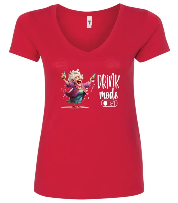 red funny beer v-neck t-shirt featuring a grandma with glasses holding a beer in each hand and it says drink mode on