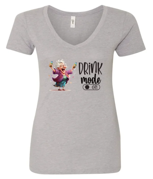 silver funny beer v-neck t-shirt featuring a grandma with glasses holding a beer in each hand and it says drink mode on