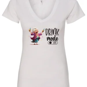 white funny beer v-neck t-shirt featuring a grandma with glasses holding a beer in each hand and it says drink mode on
