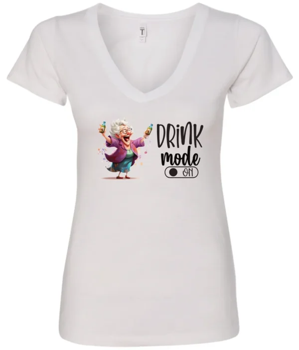 white funny beer v-neck t-shirt featuring a grandma with glasses holding a beer in each hand and it says drink mode on