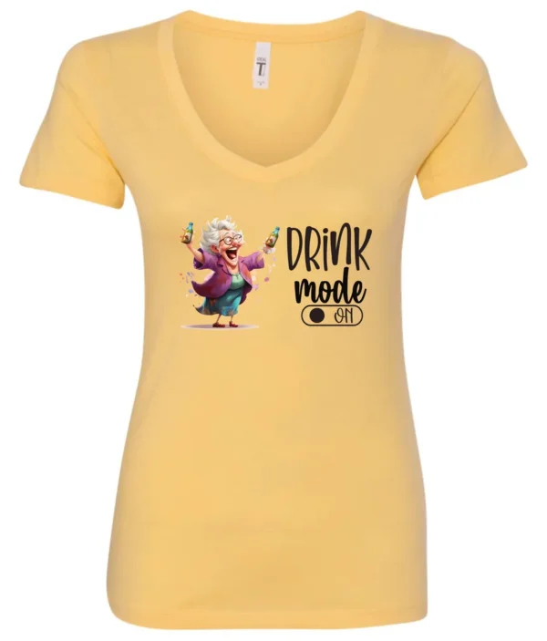 yellow funny beer v-neck t-shirt featuring a grandma with glasses holding a beer in each hand and it says drink mode on