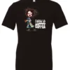 black coffee lover t-shirt featuring a disheveled young woman who just woke up in pajamas with a cup of coffee it says fueled by coffee