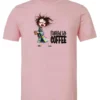 pink coffee lover t-shirt featuring a disheveled young woman who just woke up in pajamas with a cup of coffee it says fueled by coffee