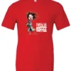 red coffee lover t-shirt featuring a disheveled young woman who just woke up in pajamas with a cup of coffee it says fueled by coffee