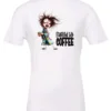white coffee lover t-shirt featuring a disheveled young woman who just woke up in pajamas with a cup of coffee it says fueled by coffee